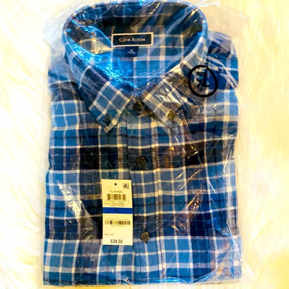 🆕NEW-MEN’S CLUB ROOM BY MACY’S FLANNEL BLUE AND WHITE PLAID BUTTON DOWN SHIRT. - Picture 10 of 15
